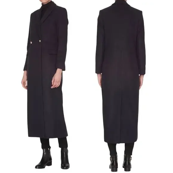 LK Bennett Della Coat Long Double Breasted Wool Cashmere Navy Blue Womens 10 - Picture 2 of 9